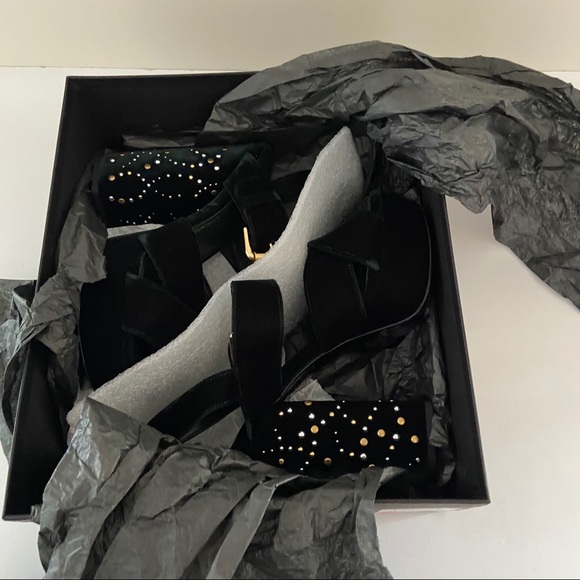 MAJE Studded Dark Green Velvet Platform Sandals - Picture 15 of 16